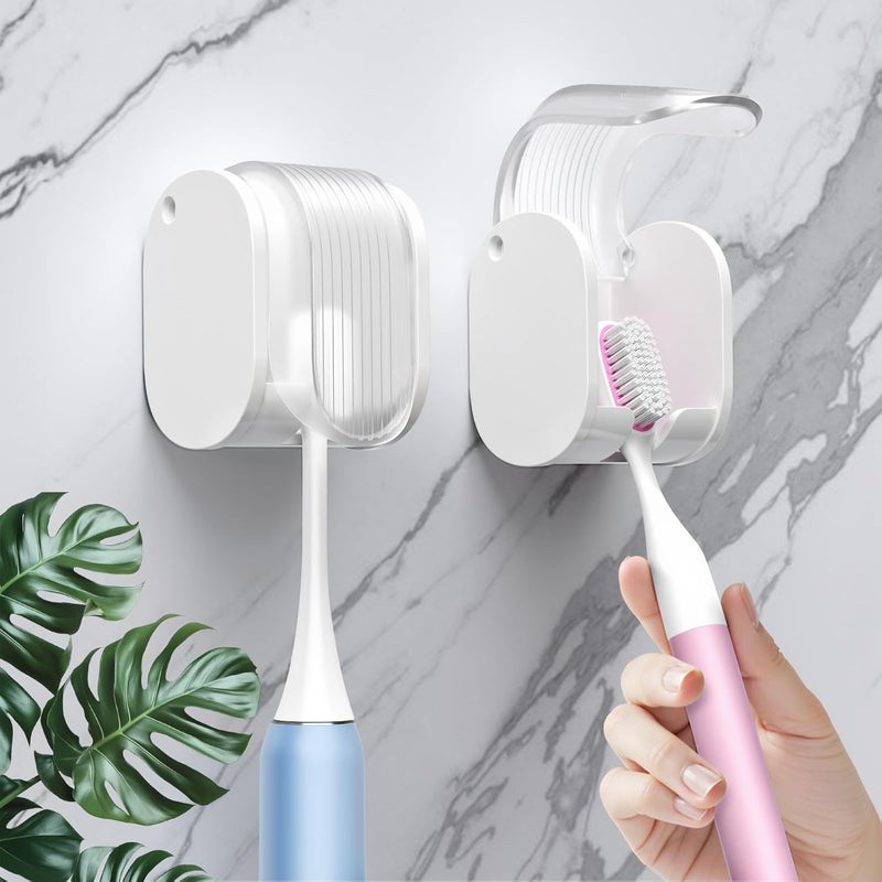 LUWUIDEN 2 Pcs Toothbrush Holders Wall Mounted, Single Slot Design, Shower Self Adhesive Wall Mounted Toothbrush Holder with Cover, Waterproof and Dustproof, Suitable for Bathroom, Family, Travel (Transparent) - Image 1
